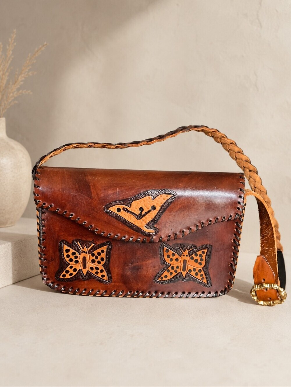 El Salvador Handcrafted Leather Butterfly Embossed Whip Stitch Shoulder Bag